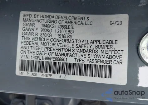 2023 Honda Civic Sport Touring из США, поврежденный, VIN 19XFL1H86PE008901